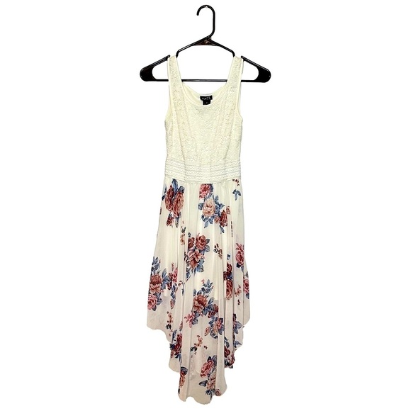 RUE21 Cream Lace Tank High-Low Dress with Pink and Blue Floral Pattern on Skirt - Picture 1 of 4